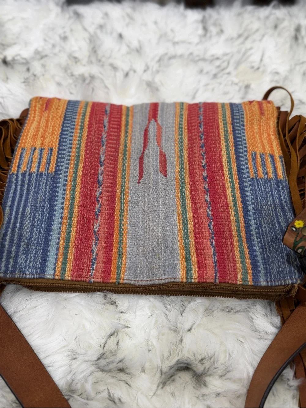 American Darling Multicolor Striped Fringe Crossbody Bag with Brown Trim